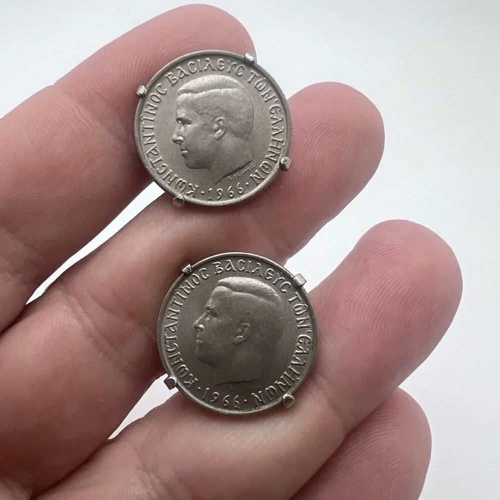 GREECE Coin Cuff Links Repurposed Vintage Greek‎ 50 Lepta Silver Tone Coins